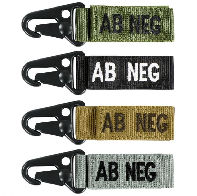 AB- BLOOD TYPE SEWN ON HOOK & LOOP WEBBING STRAP WITH QUICK RELEASE SNAPHOOK.